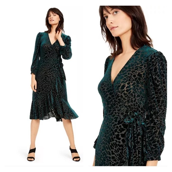 Calvin Klein 12 MIDI Dress Velvet Burnout Emerald Green Animal Print Faux Wrap - Picture 1 of 16